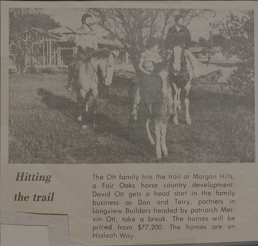 Sacramento Bee newspaper clipping, circa 1978: 'Hitting the trail': the Ott family on horseback at Morgan Hills, a Fair Oaks development, with homes under construction behind them