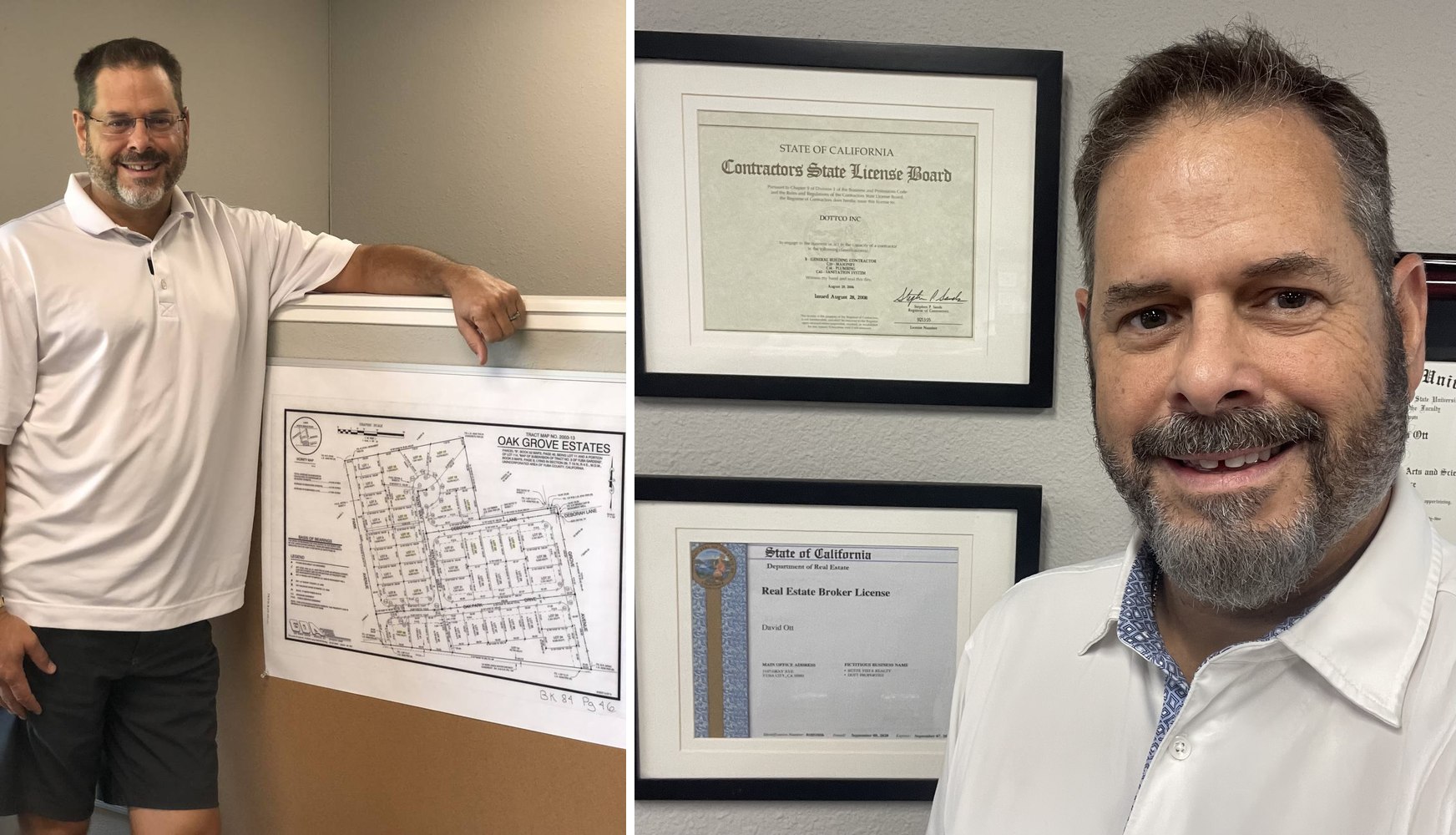 Developer Dave Ott with the recorded Oak Grove Estates tract map, beside his framed state licenses: Dottco's CSLB contractor license and his California real estate broker license